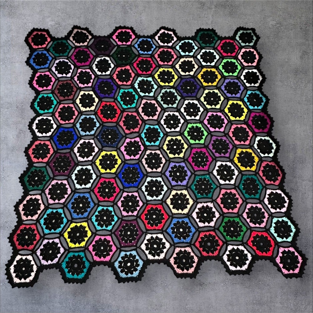 Vtg Handmade Crochet Afghan Blanket 64x60 Black/Multicolor Hexagon Stain Glass